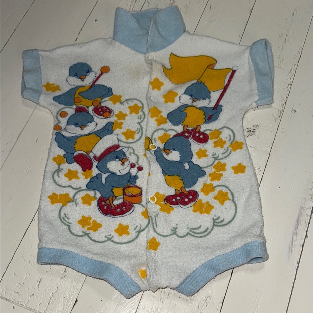 1970s 12m vintage Snugabye Terry cloth Adorable Blue&White Penguin Boys 1 Piece